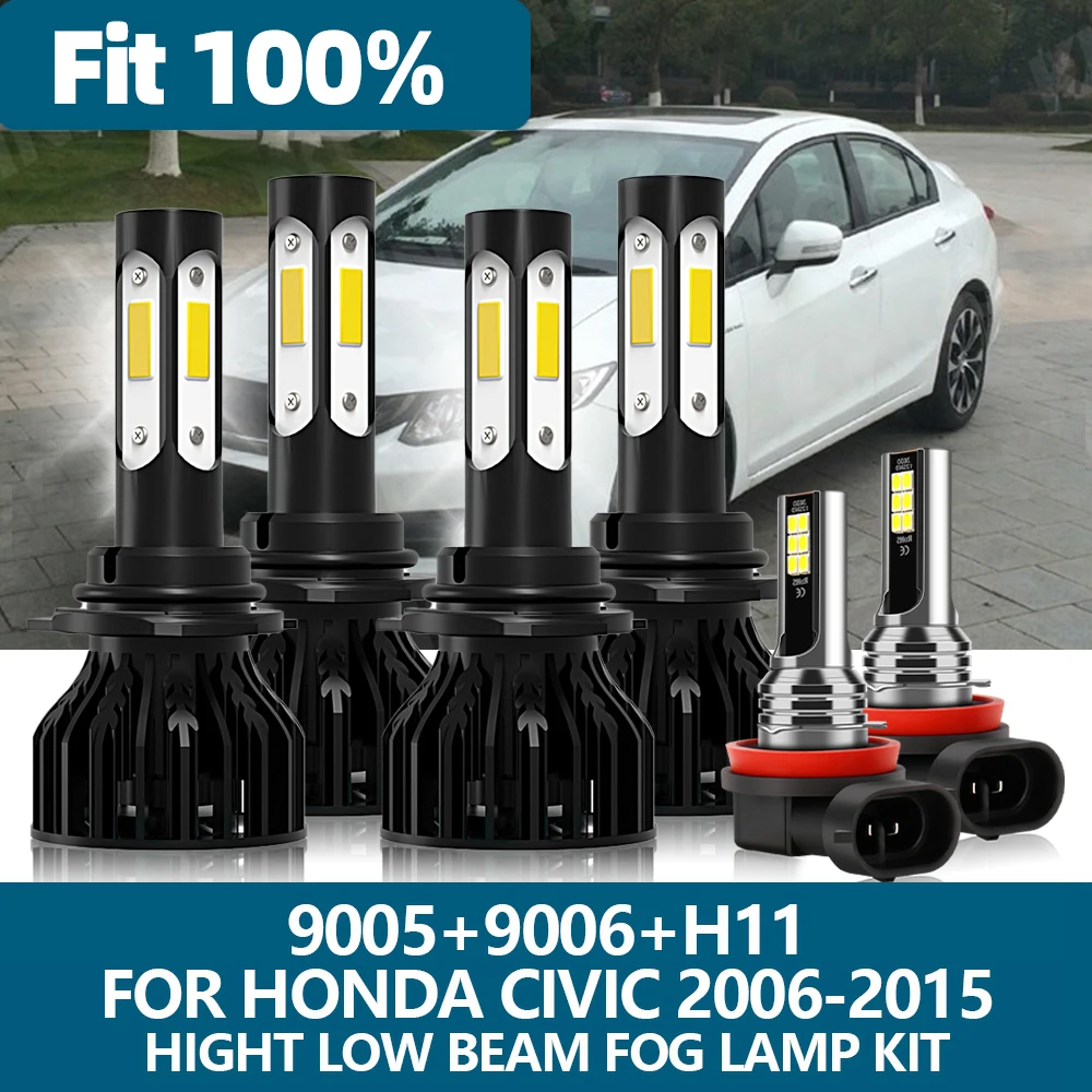 Лампы для фар Honda Civic, светодиодные, 6x, высокая интенсивность, 100 Вт/пара, холодный белый, 6000 К, цветовая температура