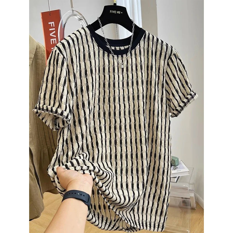 Summer Western Style Simple and Versatile Thin Round Neck Hollow Stripe Casual Loose Oversized Short Sleeve T-shirt for Women