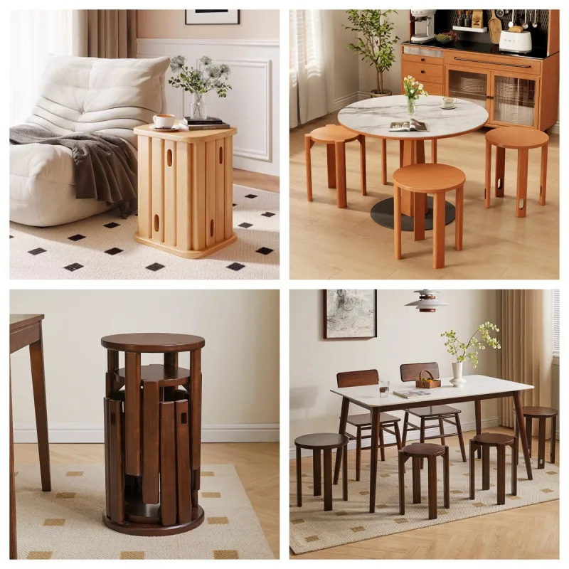 4pcs Foldable Stool Household Solid Wood Stackable Round Stools New Chinese Style Living Room Low Stools Bedroom Dressing Stool