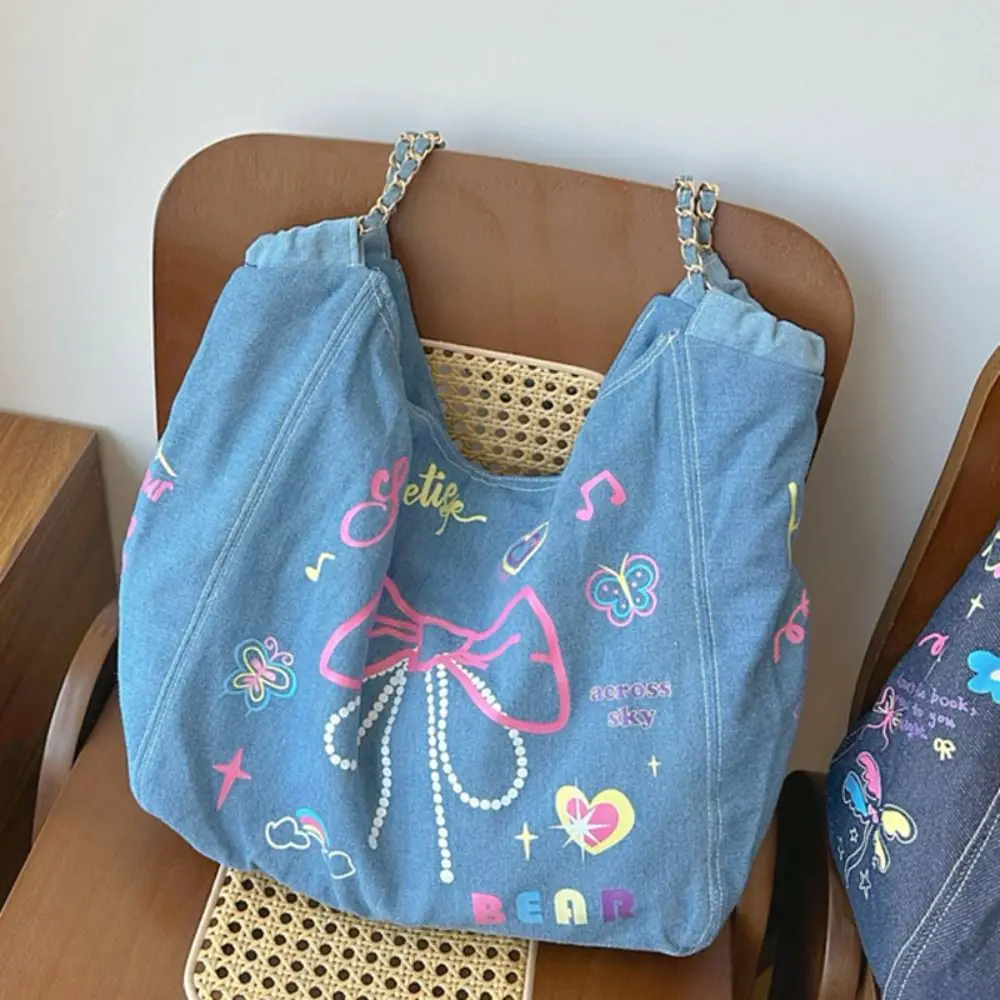 Bow Print Shopping Bag Portable Japanese-style Large Capacity Shoulder Bag Denim Fabric Drawstring Handbag