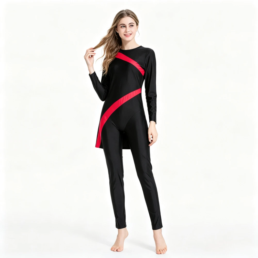2026 Women Modest Burkini Swimwear Long Sleeve Patchwork Stripe Full Coverage Islamic Muslim Conservative Quick Dry Bathing Suit