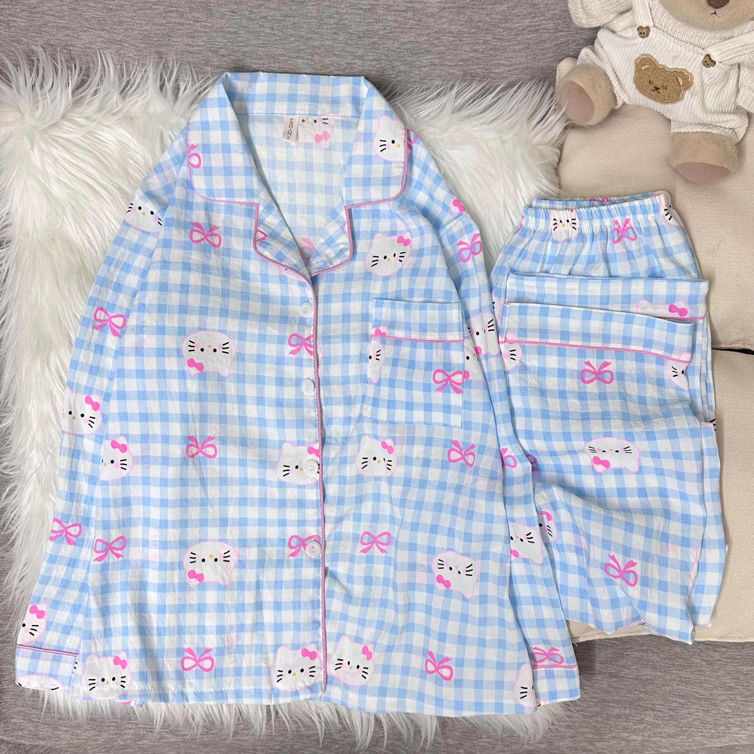 Hello Kitty Plaid Women's Pajamas Set Cute Kawaii Long Sleeve Pants Sleepwear Loungewear Winter Autumn Kawaii Homewear Outfit