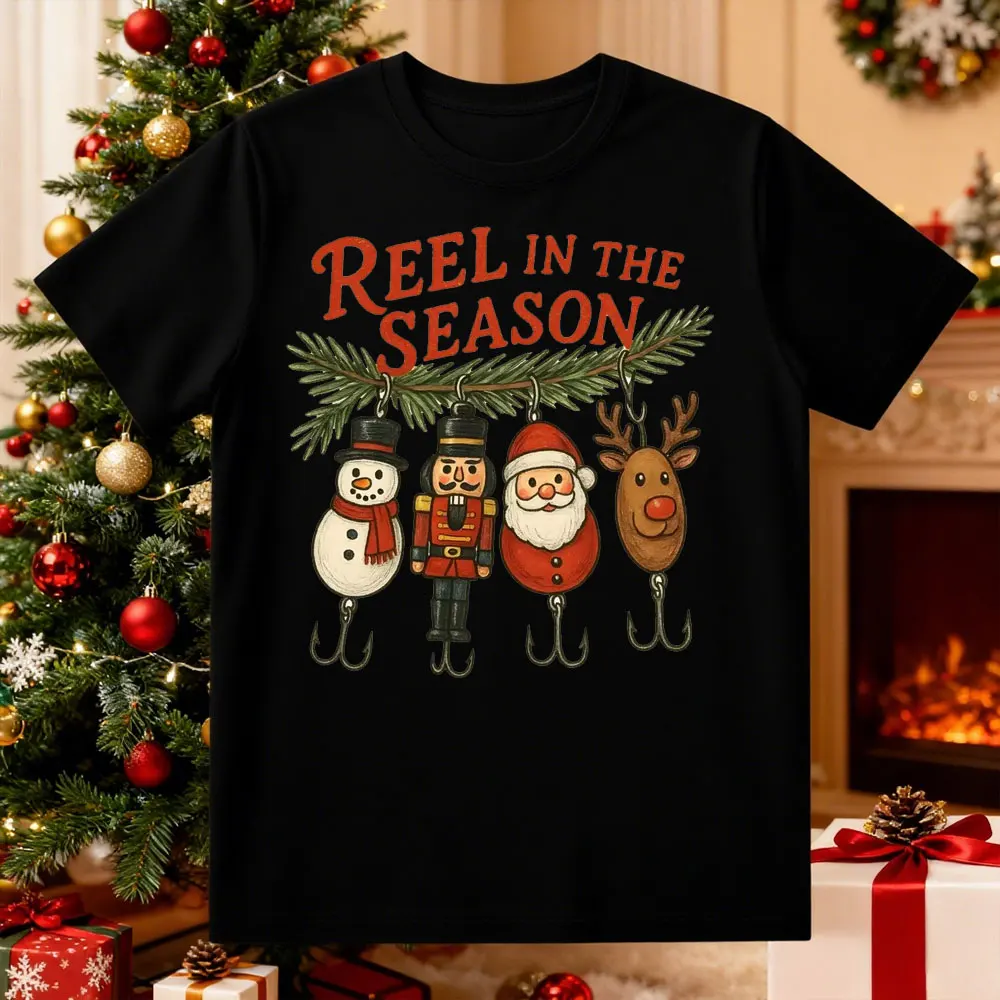 REEL IN THE SEASON Camisa de pesca navideña divertido pescador sublimado mujeres hombres algodón Tww Tops Y2k Top camisetas gráficas
