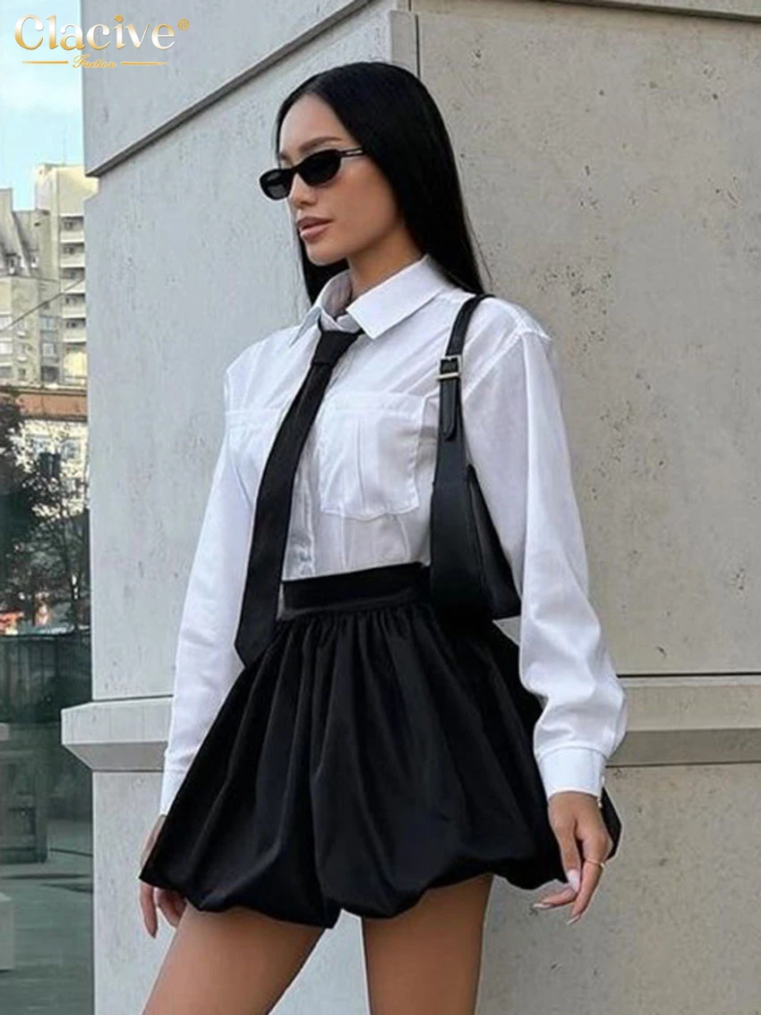 Clacive Fashion Loose White Cotton Skirts Sets Women 2 Pieces Elegant Long Sleeve Shirt With High Waist Pleated Mini Skirt Set