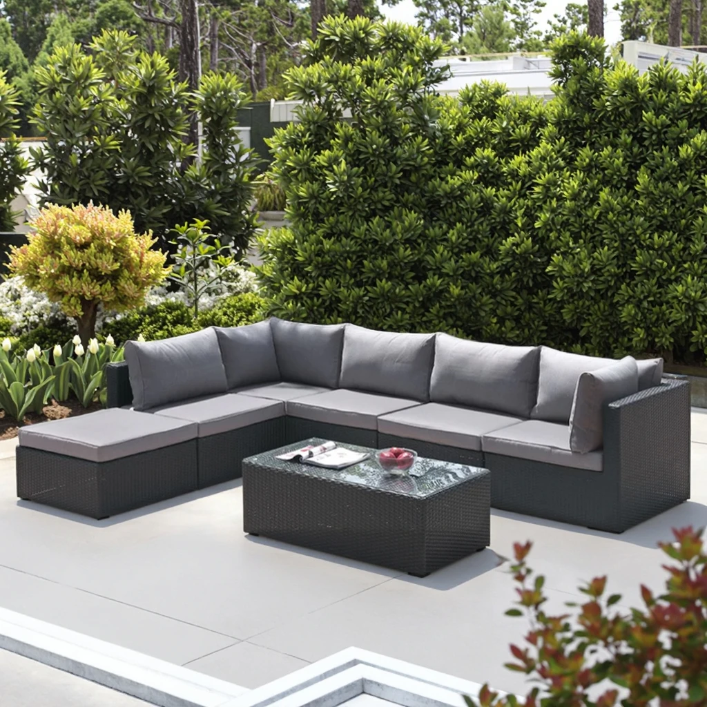 

Design Large Garden Sofa Set Sectional Wicker Furniture with Rectangular Fire Pit Chaise Lounge for Outdoor Use