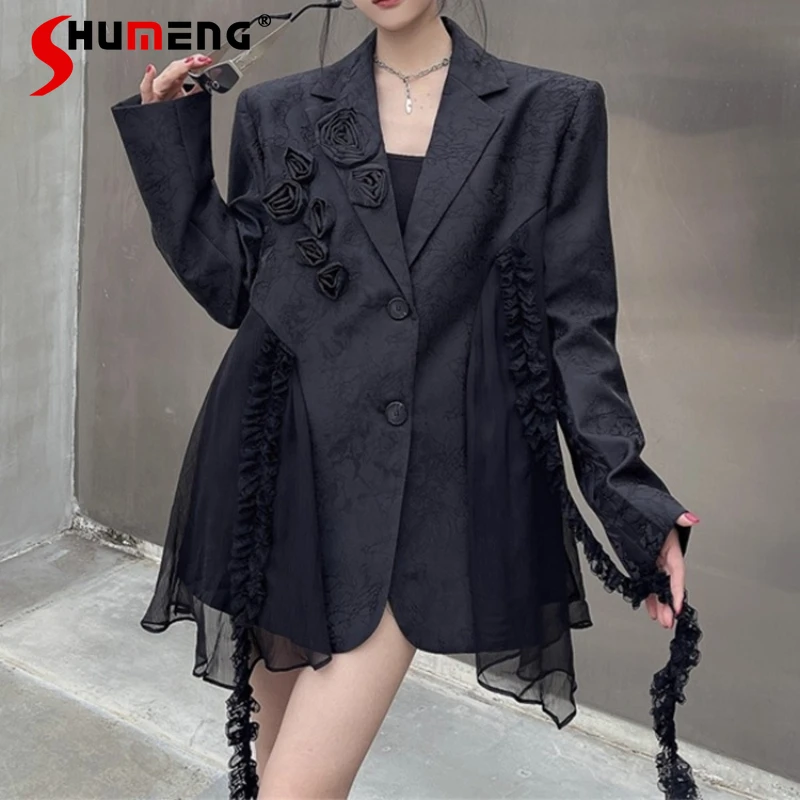 

Модные жаккардовые пиджаки с 3D розовым узором для женщин, весна-осень 2024, новые уникальные шикарные пиджаки High Street, трендовый стиль, индивидуальные пальто