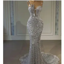 Grey O-Neck Sequined Beading Evening Dress Sleeveless Luxury Women Prom Dresses Chapel Train Mermaid For Elegant Women 2024