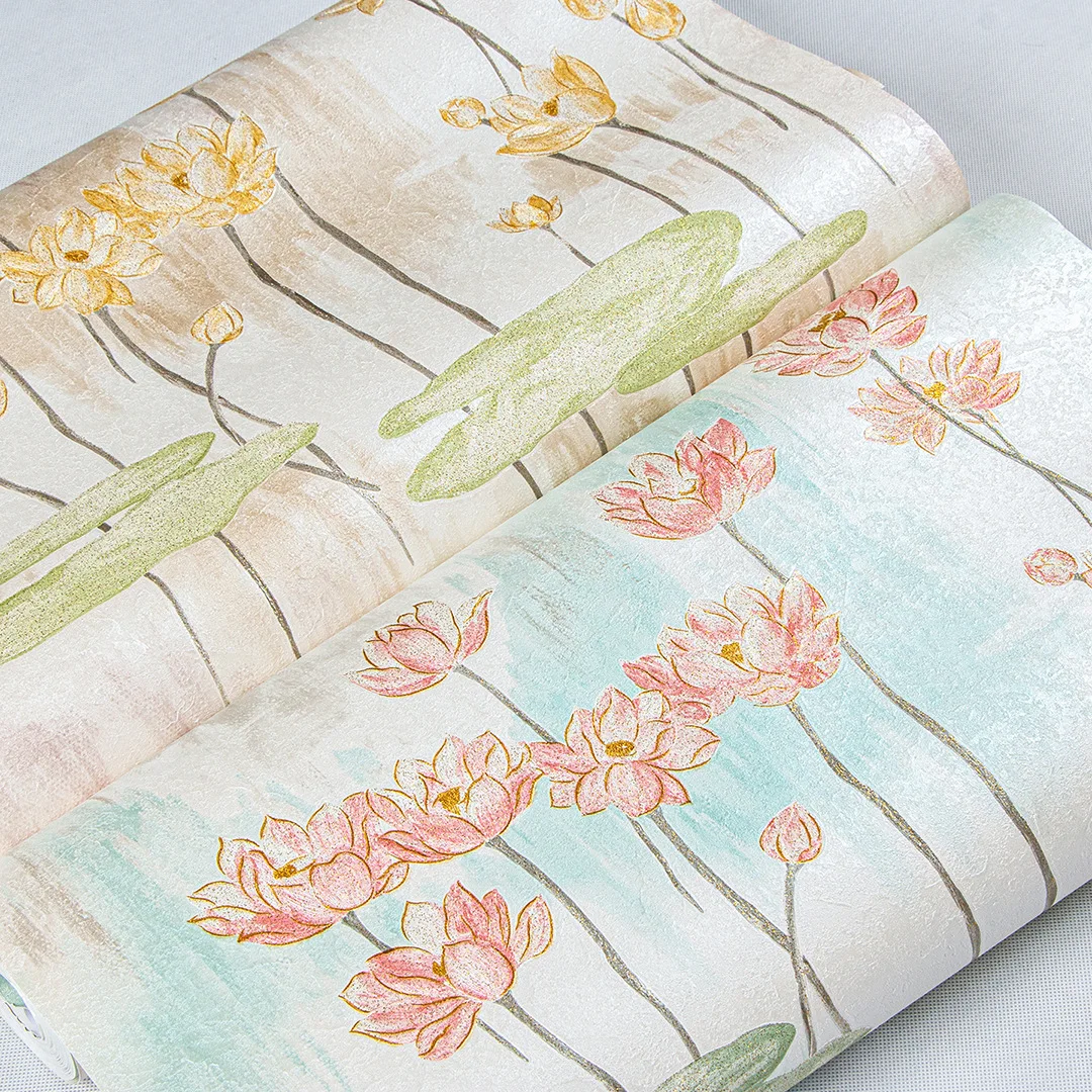 3D Rural Style Lotus Wallpaper Waterproof Pvc Living Room Bedroom Background Wall Mural Lotus Leaves Wallpaper
