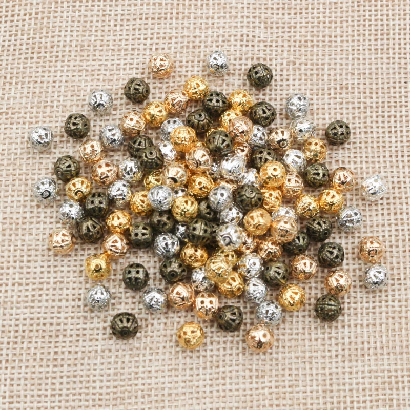 4/6/8/10mm Hollow Ball Flower Beads Metal Charms Gold Color  /Silver Plated Rhodium Filigree Spacer Beads For Jewelry Making