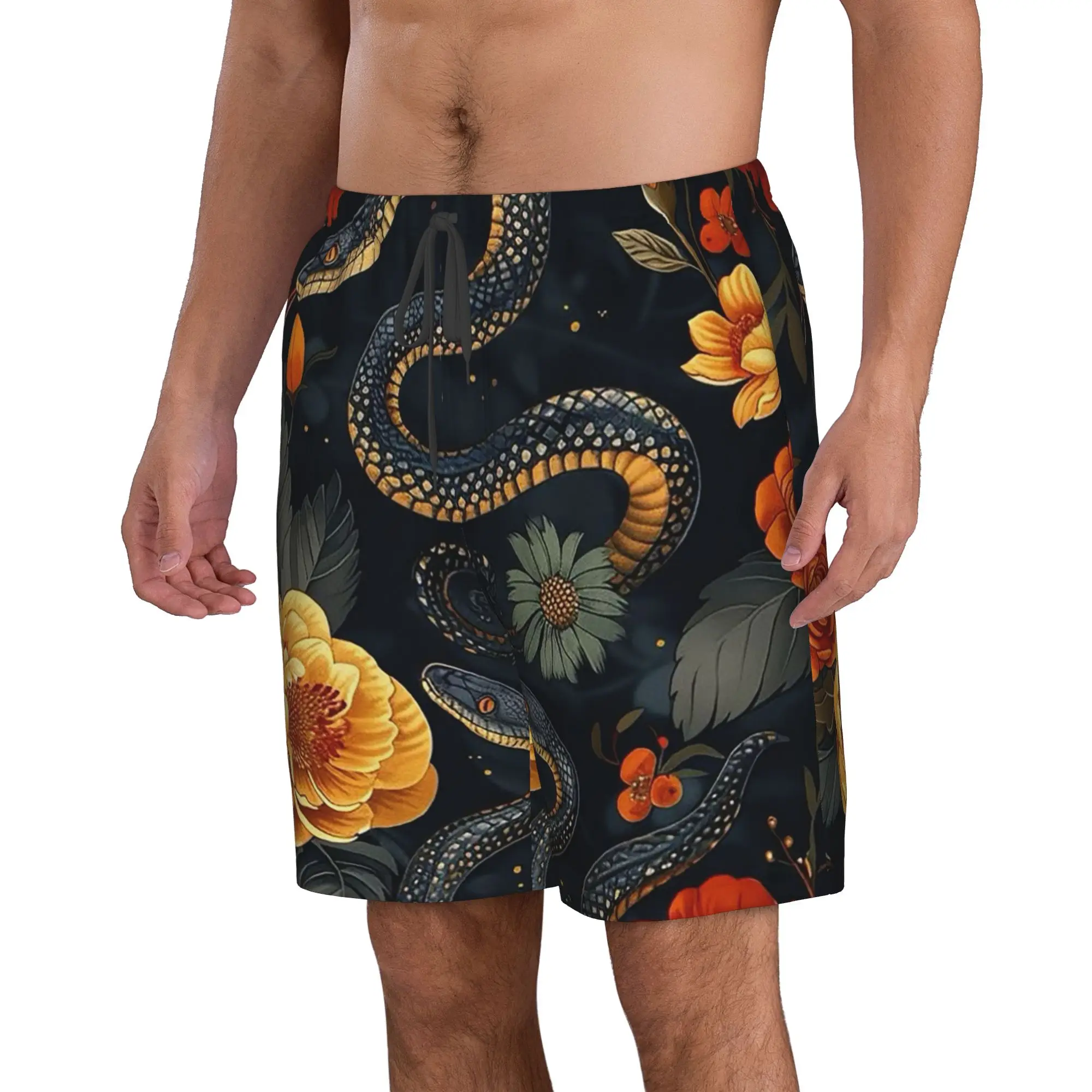 Colorful Snakes And Plants Pattern Trunks Beach Board Shorts Casual Quick Dry Swim Summer Men Pants