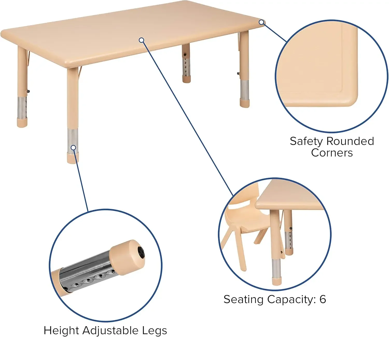 Mesa de atividades ajustável para sala de aula com 6 cadeiras empilháveis, mesa de atividades retangular de plástico para crianças, 24" de largura