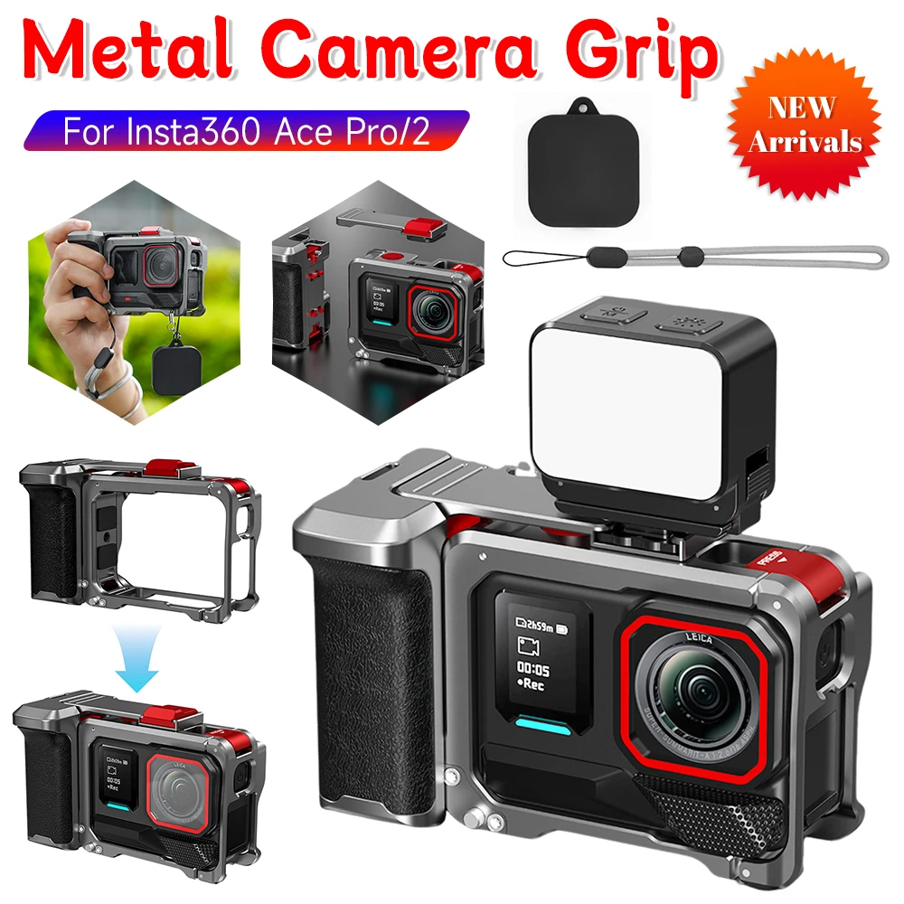 For Insta360 Ace Pro/2 Metal Street Photo Vlog Grip Mount Metal Quick Release Rabbit Cage Ergonomic Design Comfortable Grip