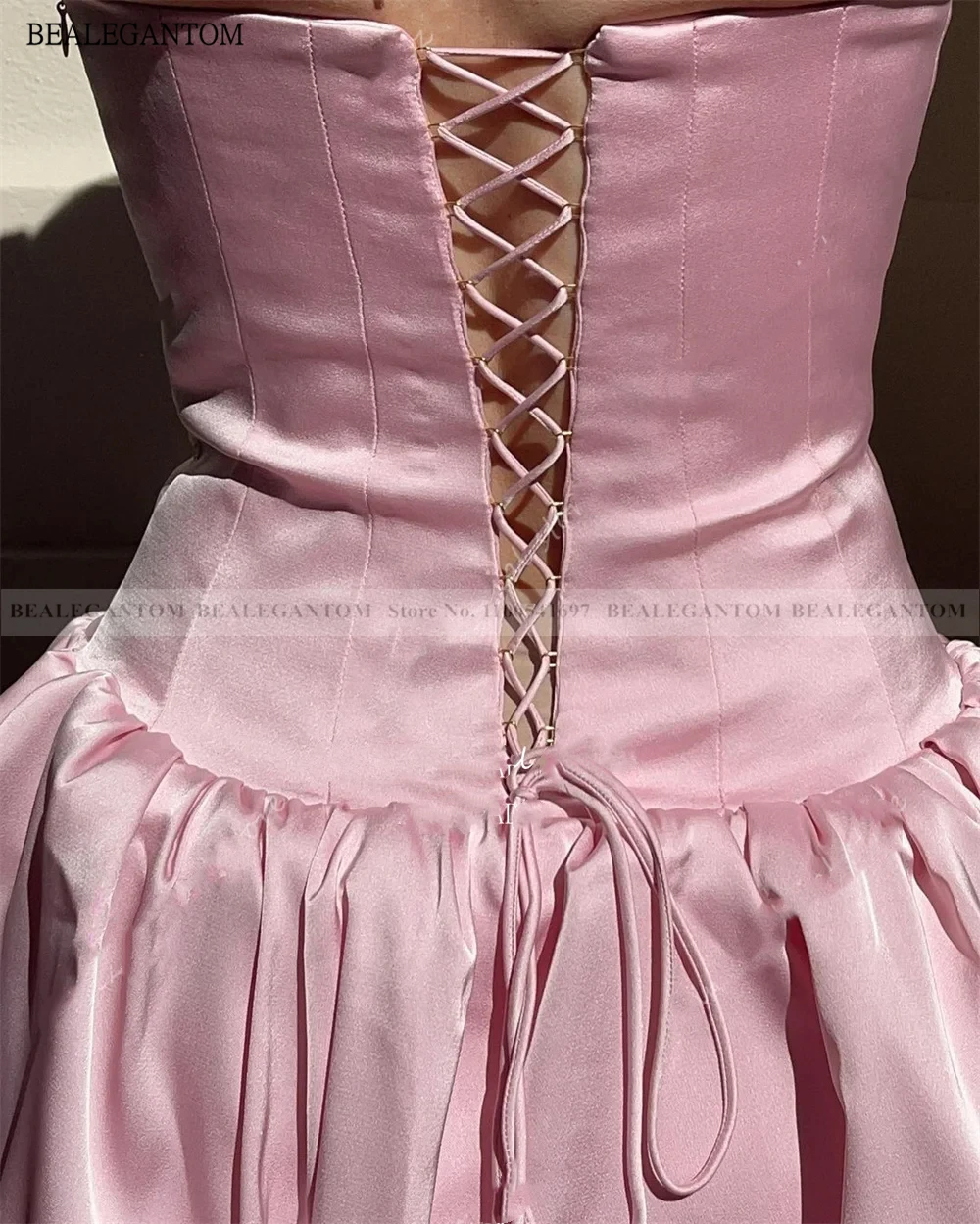 Bealegantom Pink Strapless Short Homecoming Dresses Satin A Line Lace Up Birthday Mini Graudation Cocktail Prom Party Gown QA235