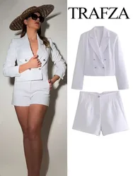 TRAFZA Blazer moda donna abiti colletto rovesciato bianco bottoni a maniche lunghe Blazer doppiopetto + pantaloncini con cerniera a vita alta