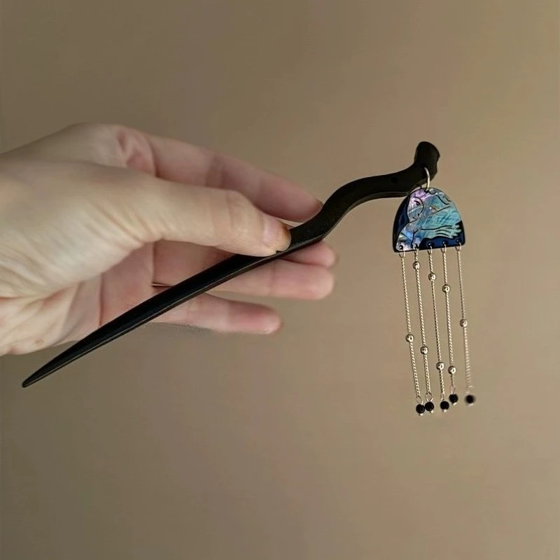 Vintage Chinese Wood Hairpin – Mother-of-Pearl Tassel, Elegant Updo Tool for Daily & Photoshoot Dates