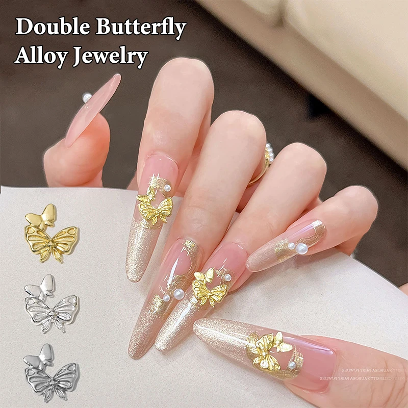 

10Pcs Double Butterfly Alloy Nail Art Charms Gold/Silver/White Nails Decorations Jewelry Luxury 3D Nail Accessories Flat Back