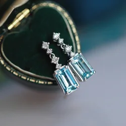 Huitan Temperament Sky Blue Cubic Zirconia Dangle Earrings for Women Silver Color Elegant Lady's Earrings Wedding Luxury Jewelry