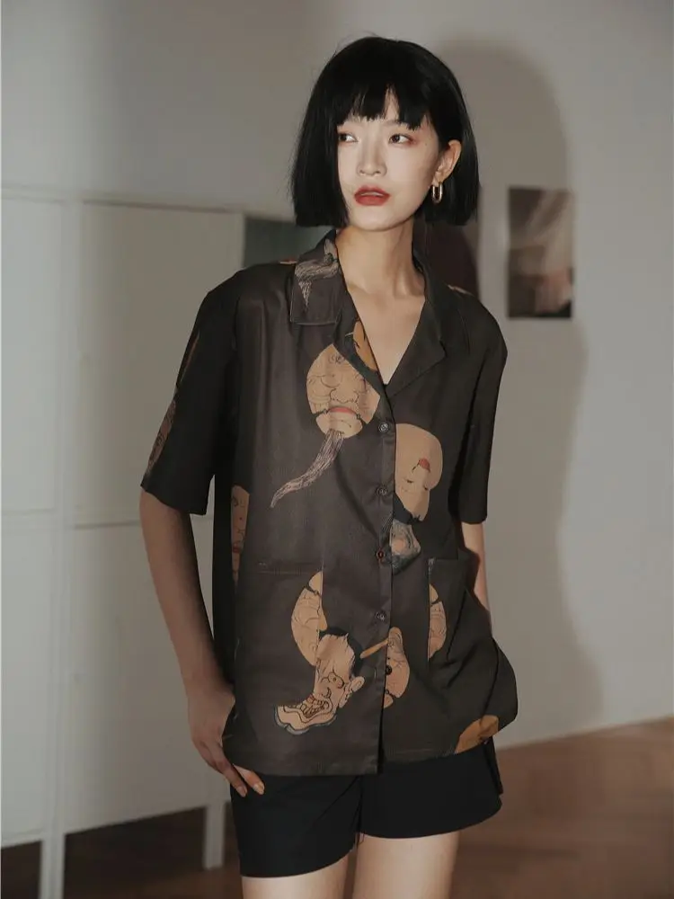 CHEERART Musashi Ukiyoe Japanese Streetwear Woman Blouses Shirts Short Sleeve Button Down Shirt Aesthetic Summer Top Clothes