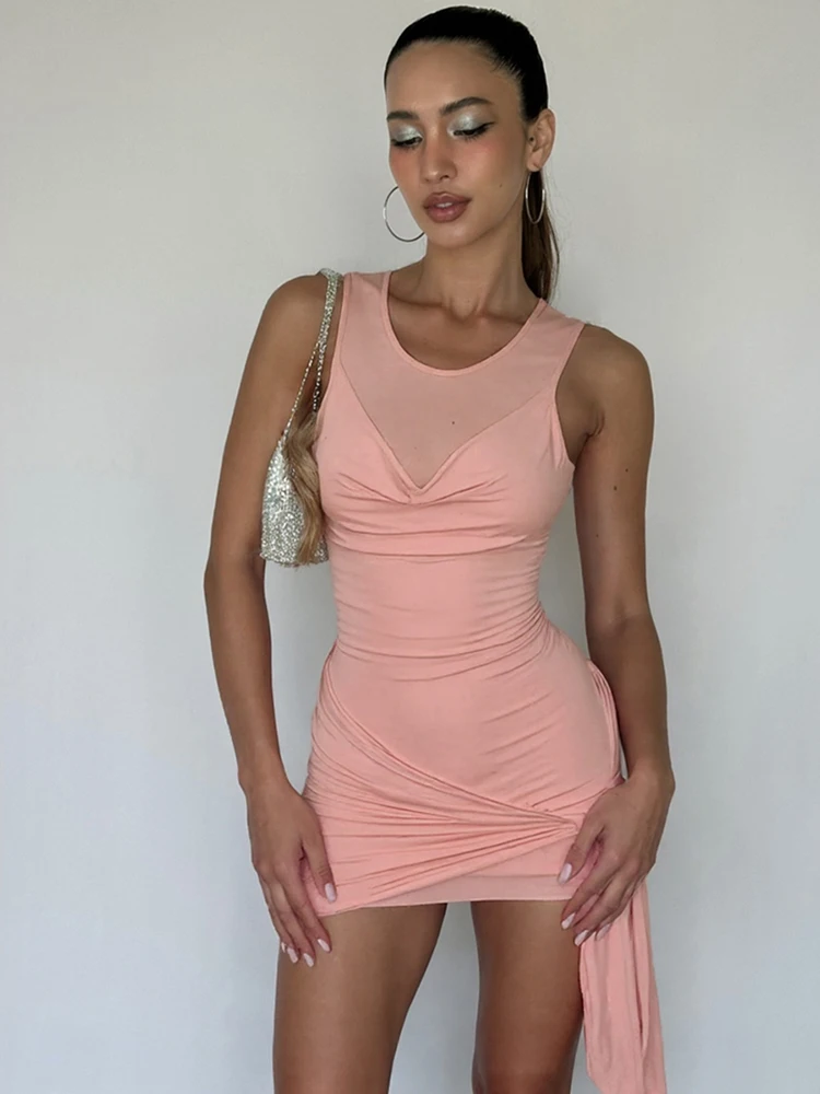 Whatiwear Femmes Élégant Robe Tendance o-Cou Sans Manches Reched Node Gland 2025 D'été Doux Fille Mode Streetwear Mini Moulante