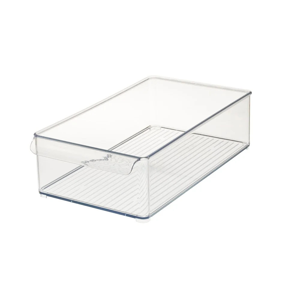 Durchsichtiger stapelbarer Kühlschrankbehälter aus Kunststoff mit Vordergriff zum Organisieren von Snacks, Joghurtbeuteln, Perishables und Haushaltsutensilien