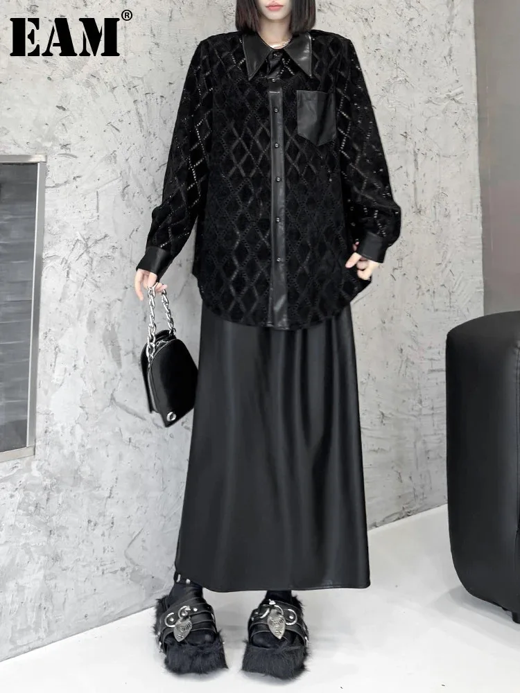 [EAM] Hollow Out Shirt Half-body Skirt Two Pieces Suit New Lapel Long Sleeve Women Fashion Tide Spring Autumn 2024 1DH7752