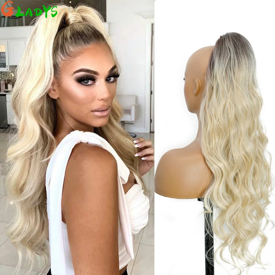 

Gladys 28 Inch Ombre White Color 180g Body Wave Drawstring Ponytail Hair Extensions Long Wavy Bio Synthetic Ponytail Extensions
