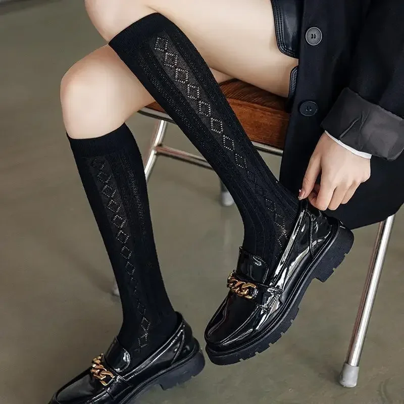 

Women's Thin Socks Black and White Solid Color Knee High Socks Lolita JK Style Calf Sock High School Student Stockings