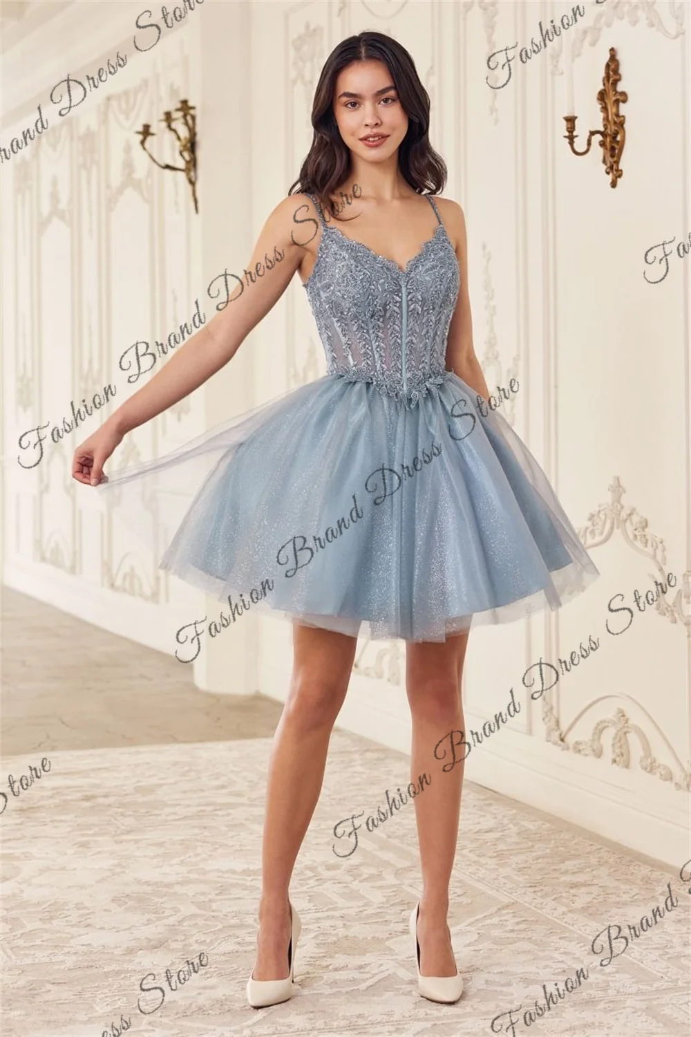 

Tulle Spaghetti Straps V-Neck Homecoming Dresses for Teens Sheer Corset Lace Appliques Cocktail Party A-line Short Prom Gowns