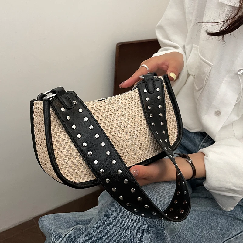 2024 Summer Straw Bag For Women French Style Underarm Shoulder Bag Wide Strap Handbag And Purse Luxury Rivet Woven Crossbody Bag