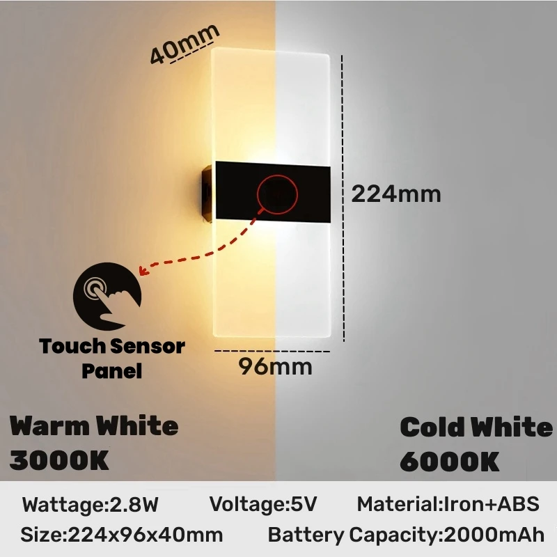 Imagem -03 - Sensor de Toque sem Fio Interruptor Led Lâmpada de Parede Usb Recarregável Acrílico Stair Night Light Quarto Corão Cozinha Wall Sconce Iluminação