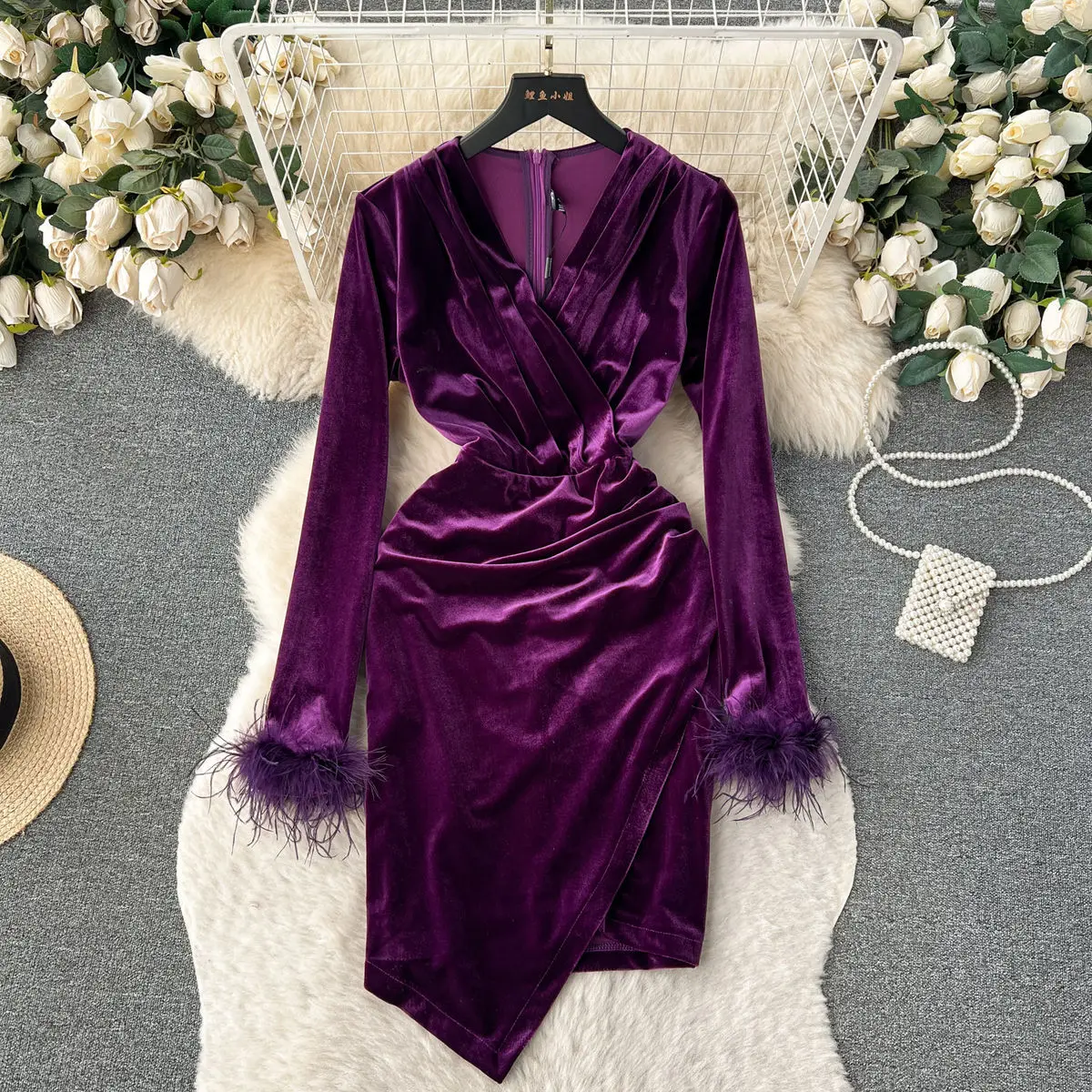 JAMERARY Luxury Banquet Velvet Dress Women\'s Sexy Wrap Robe Feathers Long Sleeve Sheath Bodycon Autumn Winter Vestidos