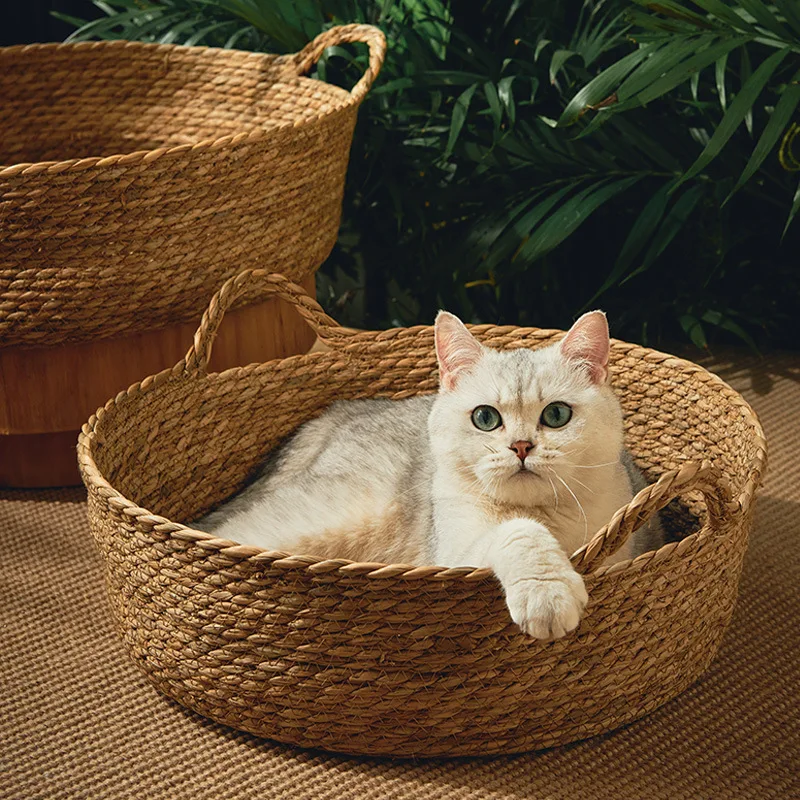 OUZEY Rattan Weaving Basket For Cat Comfortable Sleeping Pet Dog Bed Summer Cool Weave Cat House Donut Round Kitten Puppy Bed