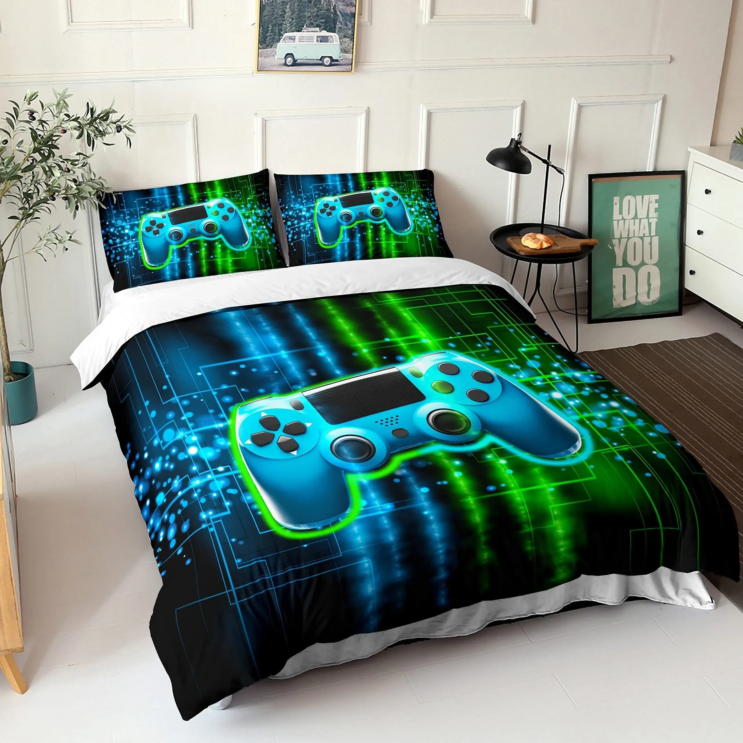 

3pcs Gamer Duvet Cover Set-Vibrant 3D Print Game Console Design Comfortable Bedding for Boys Teens 1 Duvet Cover + 2 Pillowcase