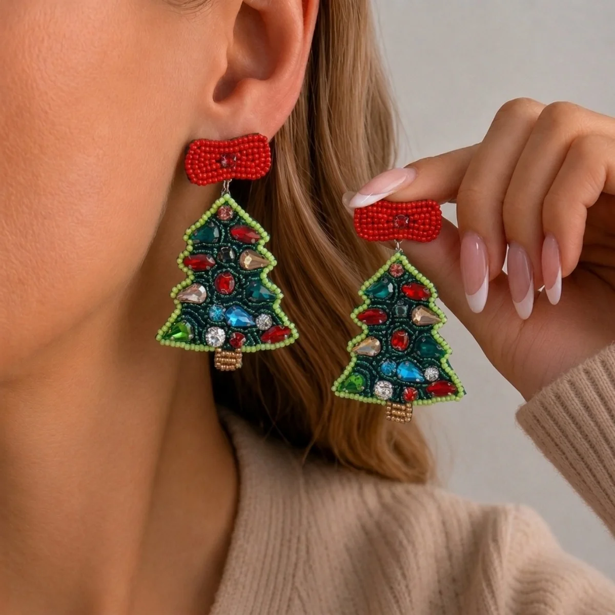 Weihnachtliche Ohrringe in Form eines Hauses mit Reisperlen für Damen, bunte Perlen, Weihnachtsmann, Rentier, Schneeflocke, Baum, Schleifen-Ohrringe, Schmuck. – Detail 12