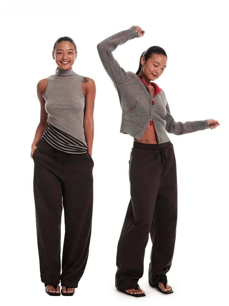 

Low Waist Dstring Cotton Knit Casual Pants Loose Fit Charcoal ey Comfortable Retro Sle Wide Leg Pants for Young Women