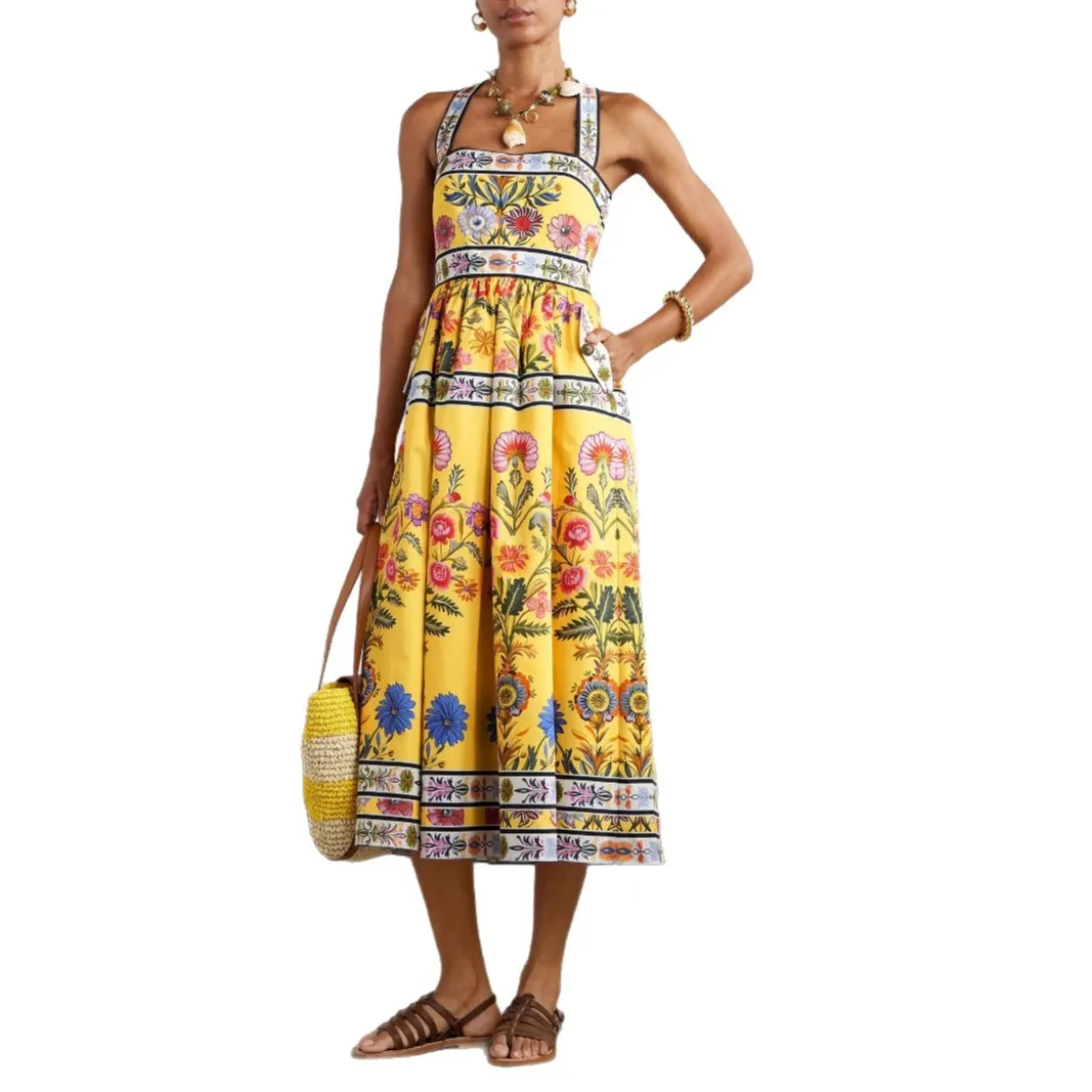 Summer Sexy Backless Square Neck Long Dresses Women Elegant  A-Line Pleated Dress Vintage Floral Print Pocket Holiday Vestidos