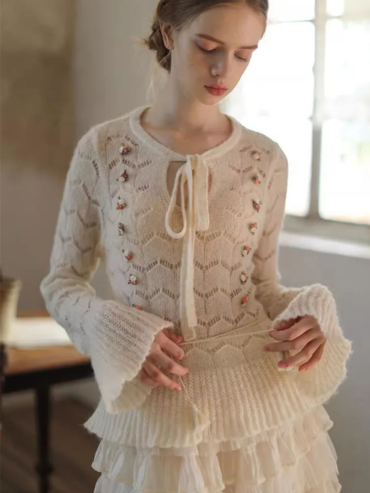 

AIGYPTOS Spring Fall Pullover Women Elegant Slim Lace-Up Collar Handmade Flower Fare Sleeve Sexy Hollow Out Knitted Wool Sweater