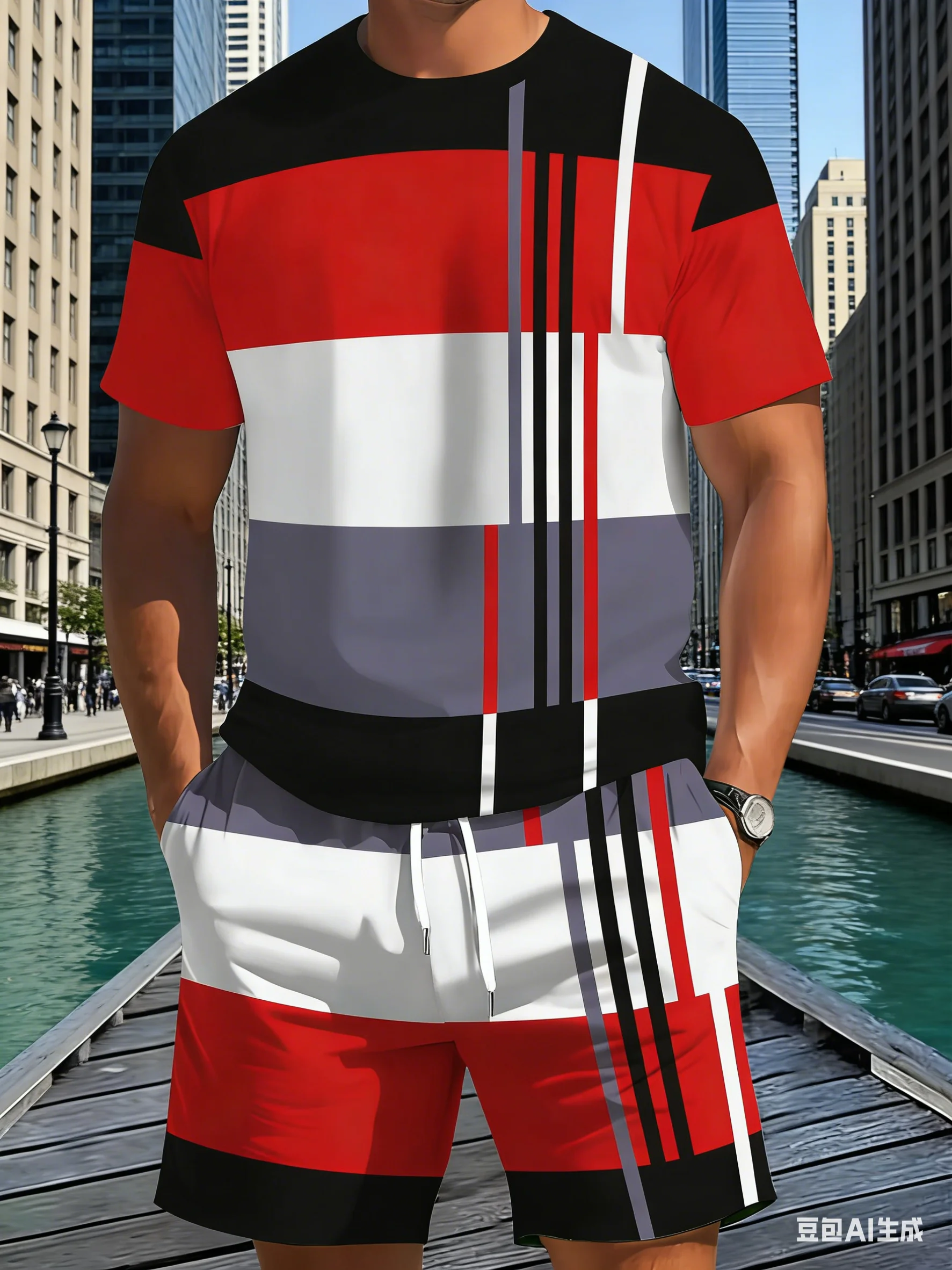 New Summer Men's Sportswear Striped Short-Sleeve T-Shirt Set Two-Piece Outdoor Travel Apparel Relaxed-Fit Shorts Training Wear view 6