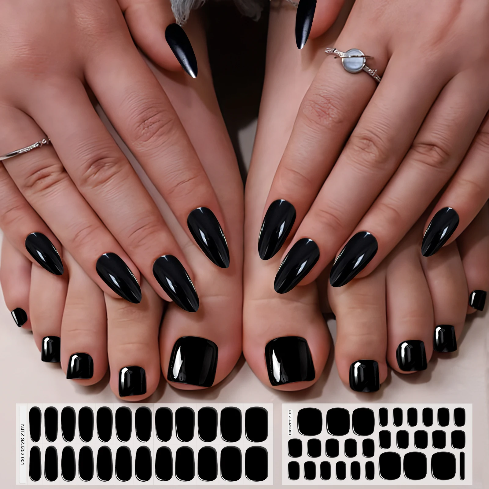 

Black Full Set of Semi-Cured Gel Nail Stickers Full Wrap Nail Stickers with Nail Rub and Stick (Uv Lamp Required)