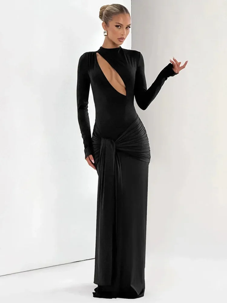 Fmxires Hollow Out Bandage Party Sexy Jurken Elegante Geplooide Bodycon Maxi Lange Jurk Vrouwen 2025, Herfst Winter Jurk Vestidos