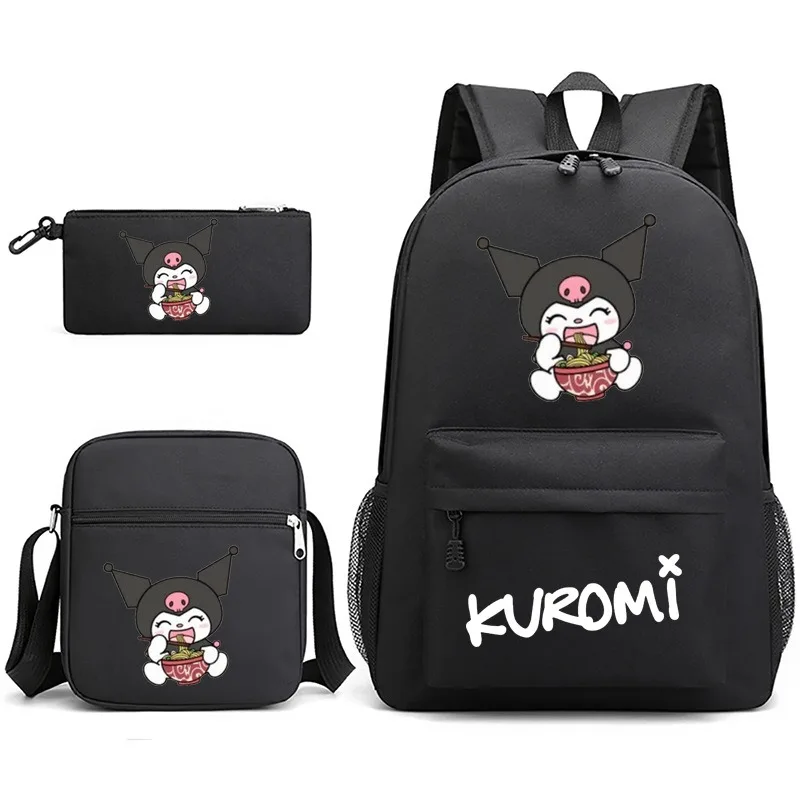 Sanrio Kuromi Cute Cartoon Backpack Three-piece Bag Little Fresh Bag Crossbody Pencil Case Three-piece Lunch Bag Large Capacity