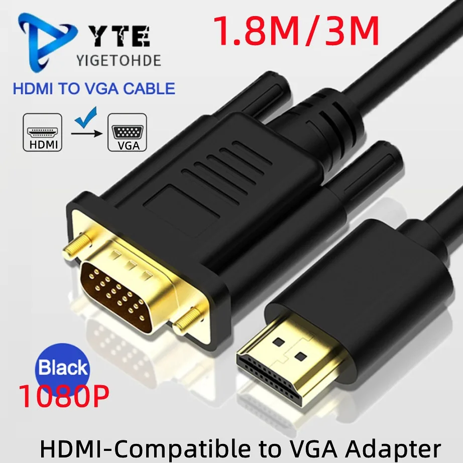 HDMI-Compatible to VGA  Adapter Cable1.8M/3M Uni-Directional Connector Converter Male to Male 1080P for Laptop/Monitor/Projector