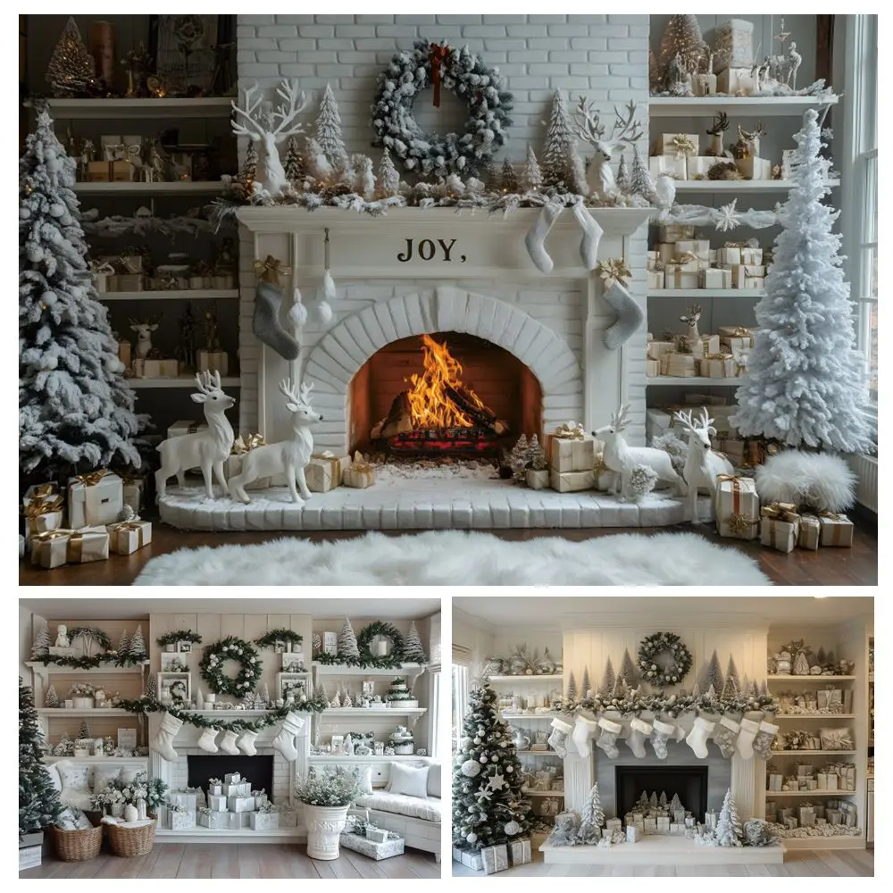 

White Christmas Photography Backdrop Fireplace Gifts Wreath Xmas Trees Interior Room Party Baby Kids Portrait Photo Background