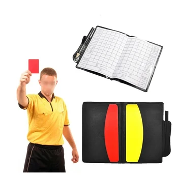 Conjunto de cartões de árbitro de futebol, placa de aviso de árbitro, cartões vermelhos e amarelos, carteira, folhas de pontuação, notebook, acessórios de juiz