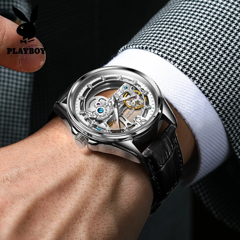 PLAYBOY New Fashion Watch for Men Original Skeleton Leather Strap Automatic Mechanical Man Watch Classic Luxury Wrist Watch Men