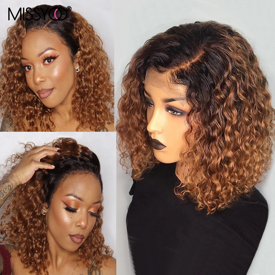 

Honey Blonde Ombre T1b 30 Short Curly Bob Wigs Brazilian Remy Hair 13X4 Lace Front Human Hair Wigs For Black Women Baby Hair