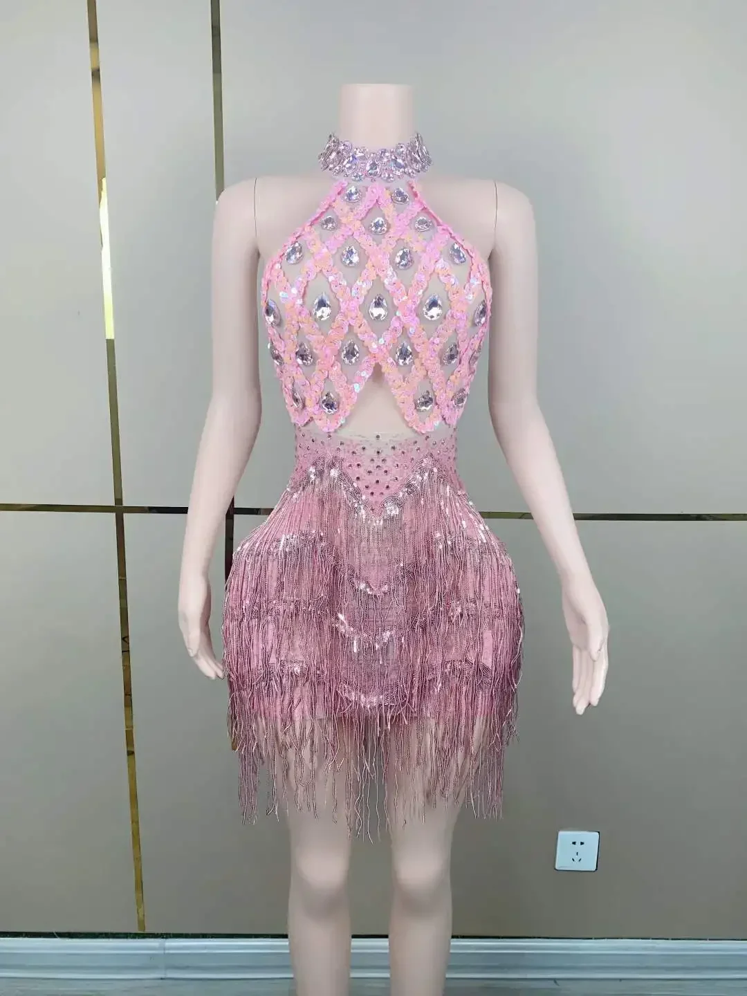 

Sparkly Pink Rhinestone Women Fringe Dress Backless Sexy Party Birthday Queen Stage Performance Outfit Rave Festival Costume