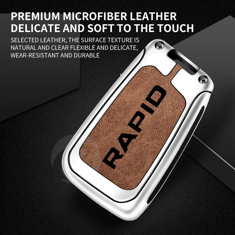 Stylish Leather Zinc Alloy Car Key Case Cover For Skoda Rapid Logo Holder Folding Keyless Keychain Accessories