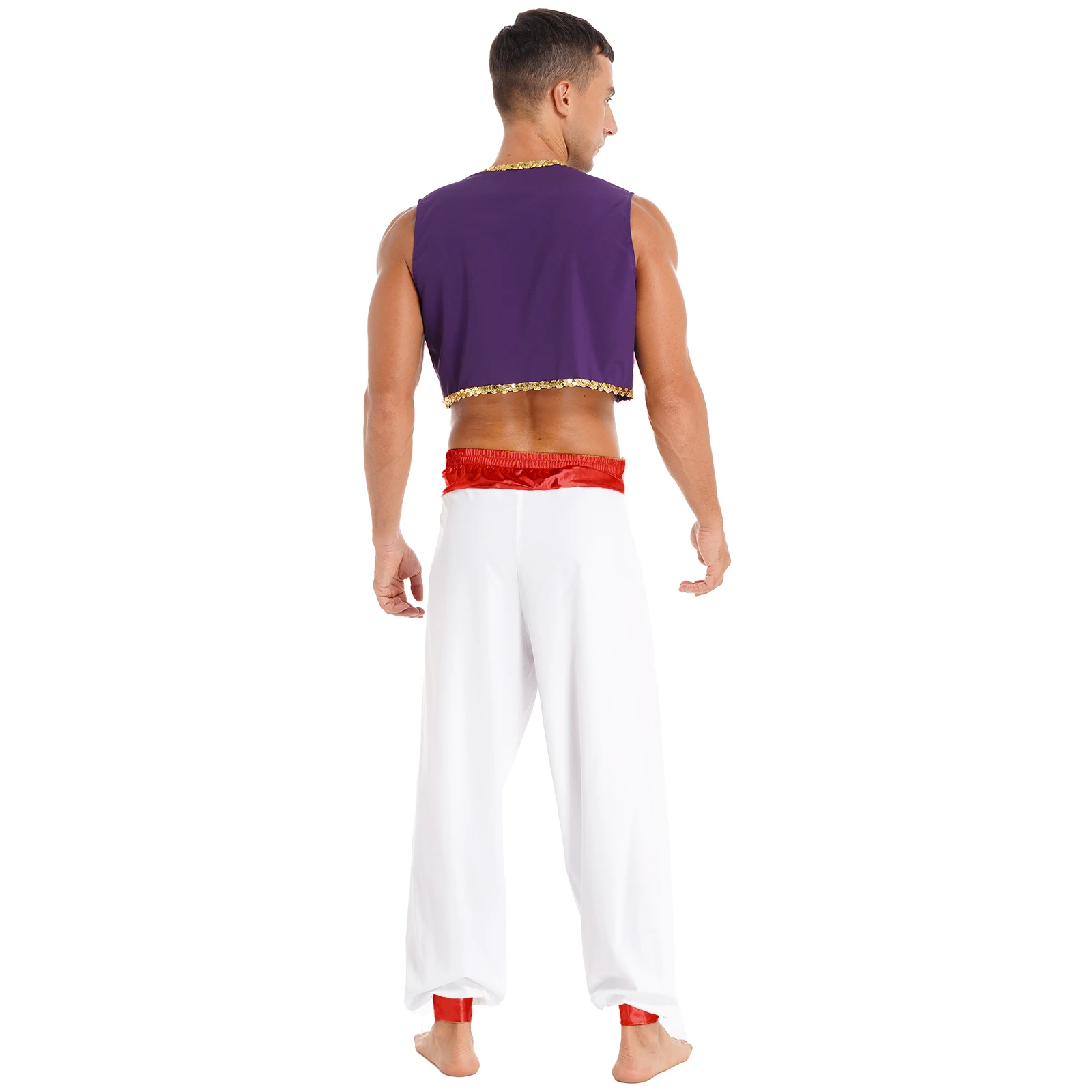 Mens Mythical Aladin Cosplay Outfits Arabian Prince Kings Costume Roleplay Outfit Sequin Trim Waistcoat with Belted Pants