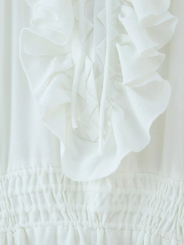 فستان حمل أبيض بوهو بأكمام طويلة ورقبة على شكل حرف V للتصوير الفوتوغرافي على الشاطئ، دعامة أمومة أنيقة #6